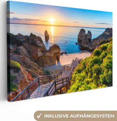 Produktbild von MuchoWow® - Leinwandbilder - Strand - Meer - Portugal, Wandbild, Wanddeko Bilder Wohnzimmer, 120x80 cm