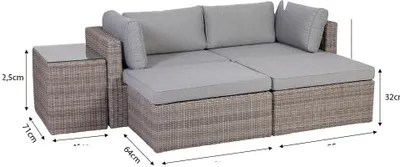 A modular outdoor lounge furniture set with a side table, shown with dimensions indicated by measurement lines and text.