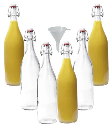 6 Glasflaschen 1 L mit Bügelverschluss & Trichter, transparent