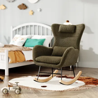 Produktbild von okwish Schaukelstuhl Sessel mit Metallgestell und Holzsockel, Schwingsessel Relaxstuhl mit Rückenlehne Wohnzimmer Polstersessel Schaukelsessel, Grün