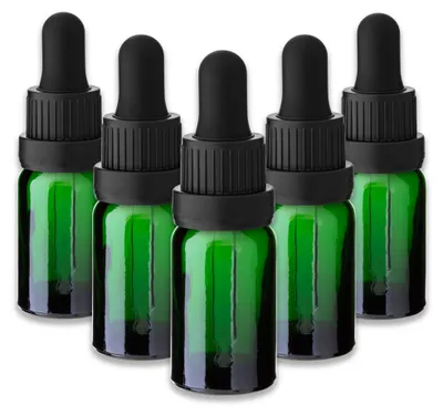 Produktbild von 5x Grüne Glasflasche 10 ml mit Pipette und schwarzem Verschluss Leer