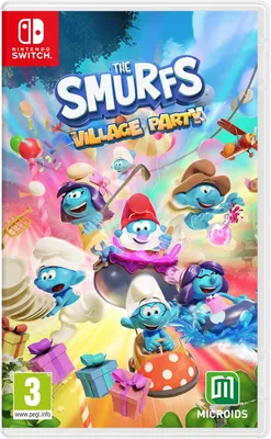 The Smurfs: Village Party game box art, featuring multiple Smurf characters in a festive village setting with party elements like balloons and gifts.