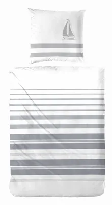 Produktbild von Hahn Renforcé Bettwäsche Maritim Baumwoll Streifen Segelschiff 100% Baumwolle Reißverschluss Bettbezug Kissenbezug Bettgarnitur 135x200 cm Weiß Grau