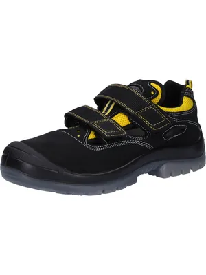 A black and yellow safety sandal is shown against a white background.