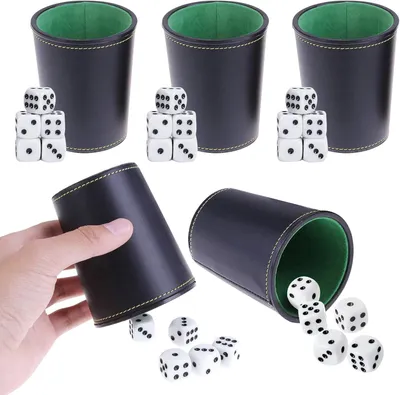 Produktbild von 5er Set Würfelbecher aus Leder, kompakt, mit Würfeln, für Reisespiele
