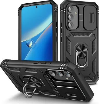 Image de Etui pour Samsung Galaxy A54 avec protection coulissante de l'appareil photo, résistant aux chocs, avec porte-anneau, support et porte-cartes Noir