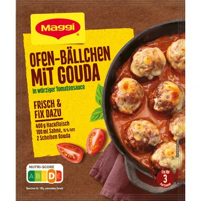 Zdjęcie produktu dla Maggi Fix do piekarnika kulki z Goudą w pikantnym sosie pomidorowym 43g