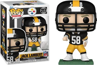 A Funko Pop! figure of Jack Lambert in his Pittsburgh Steelers uniform, shown both in its packaging and out of the box.