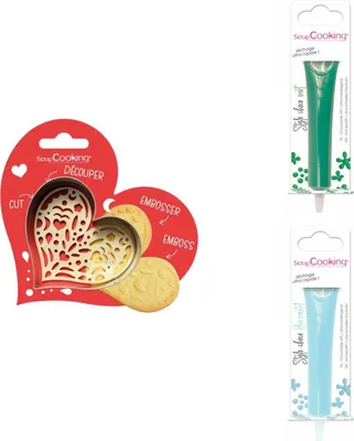 Produktbild von Herz-Relief-Plätzchen-Set + 2 Pastellschokoladenstifte in Grün und Blau