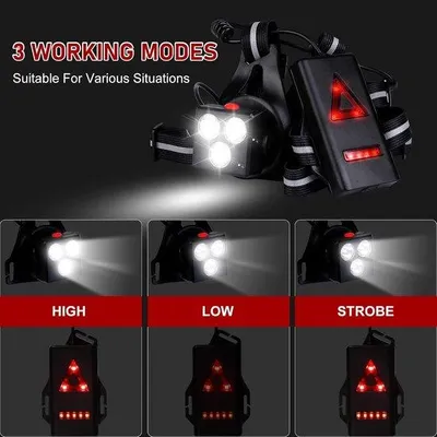 Zdjęcie produktu dla Lampka LED z reflektorami, ładowana przez USB, idealna do biegania, 500 lumenów, 3 tryby świecenia, wodoodporność IPX6, regulowany kąt świecenia 120 stopni