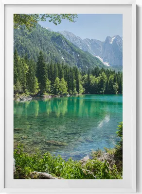 Produktbild von Berglandschaft mit einem See im Wald– Wandbild mit Rahmen – Gerahmtes Bild  – Wanddekoration – 70x100 cm –  Weiß Rahmen