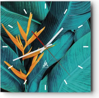 Produktbild von Wanduhr - Quadrat - Glasuhr - Blumen Tropen Blätter - 30x30cm - Schleichendes Uhrwerk - Lautlos - zum Aufhängen bereit - Dekoration Modern - Wanddekoration aus Glas - C3AC30x30-5116