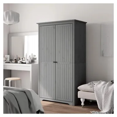 Produktbild von Kleiderschrank Garderobenschrank mit Kleiderstange und Türen, Schlafzimmerschrank mit Stauraum, Holzschrank Flurschrank Grau 99x53,5x173 cm Massivholz Kiefer