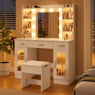 Image de AIORBER Coiffeuse avec miroir et 10 ampoules, coiffeuse avec tabouret, coiffeuse avec tiroirs, coiffeuse Hollywood avec espace de rangement Blanc