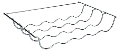 A silver wire rack designed to hold bottles.