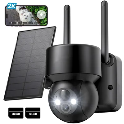 Produktbild von Überwachungskamera Aussen Akku Solar 2K Kamera Überwachung Aussen WLAN Outdoor kabellos 360 Grad PTZ PIR Bewegungsmelder Farbnachtsicht mit 32G & 64G