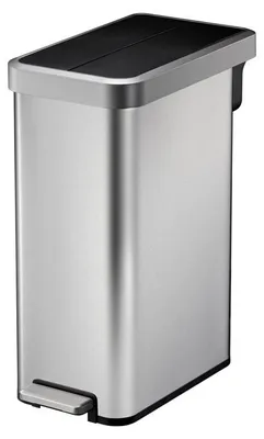 A stainless steel trash can with a black lid and pedal.