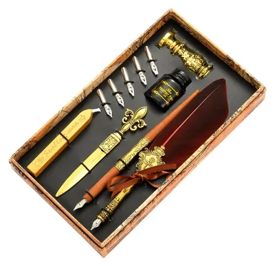 Imagen del producto de Bolígrafo antiguo y set de tinta con juego de sellos