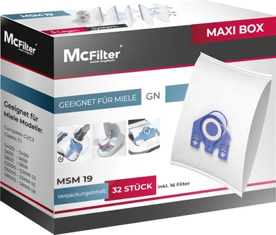 Produktbild von McFilter | 32 Staubsaugerbeutel geeignet für Miele Staubsauger GN Serie S2 S4 S5 S6 S8, C1, C2/C3, S 8340, S 8360 | inkl. 16 Filter | MAXI BOX