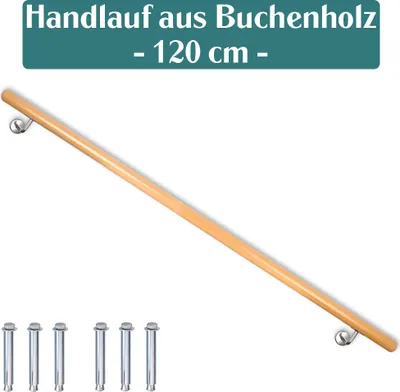 A wooden handrail with metal mounting brackets and screws on a white background.