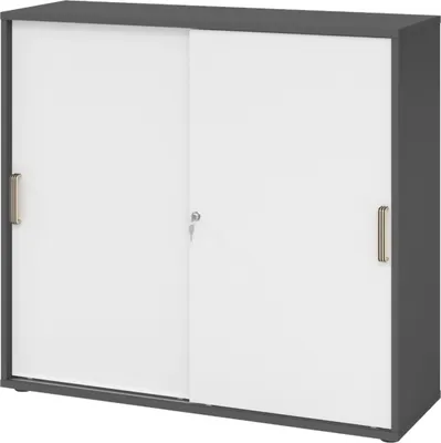 Produktbild von bümö Schiebetürenschrank office - 3 Ordnerhöhen - Griff: Streifengriff (Kunststoff), Nachbildung: Graphit/Weiß