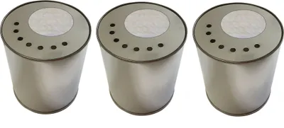 Three identical silver cylindrical containers with perforated tops and a white mesh insert.