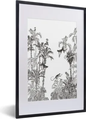 Produktbild von MuchoWow® Gerahmtes Poster Dschungel - Schwarz - Weiß - Affe 40x60 cm - Poster mit Schwarzem Bilderrahmen Wandposter Rahmen Foto Bilder - Poster in Rahmen