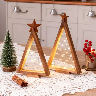 2er Set LED-Holzweihnachtsbäume mit Stern, batteriebetrieben