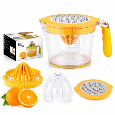 Produktbild von Manuelle Zitronen- und Orangenpresse, Fruchtentsafter & Limettenpresse mit Messbecher, Reibe, Eigelbtrenner, Anti-Rutsch-Silikongriff, 20 oz