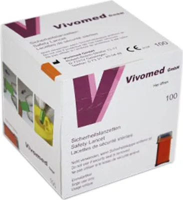 Produktbild von Vivomed bezpečnostní lancety na krev 21 G 0,80 x 2,2 mm oranžové