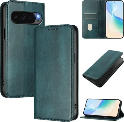 Image de Étui pour Google Pixel 11 / Pixel 11 Pro, étui en cuir vintage avec protection RFID, compartiments pour cartes et support. Couleur : vert