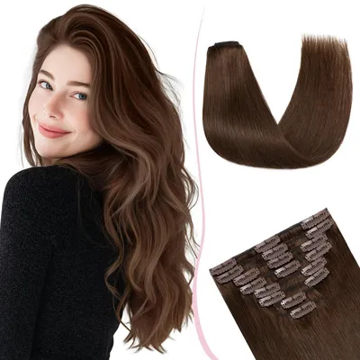 Immagine prodotto di Extensioni a clip in, capelli veri, 8 pezzi, 25 cm, color castano cioccolato, 50 grammi, lisce, marca Remy