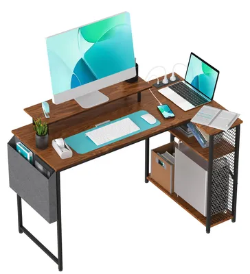 Immagine prodotto di Scrivania ad angolo a forma di L - Scrivania per computer angolare - 120 x 70 + 50 x 75 cm - Struttura in metallo con 2 ripiani - Scrivania salvaspazio per gaming e ufficio, con supporto per monitor