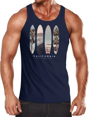Produktbild von Herren Tank-Top California Surf Paradise Surfboards Grafik Foto Print Kalifornien USA Amerika Sommer Muskelshirt Neverless® navy M