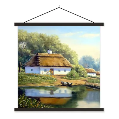 Produktbild von MuchoWow® Textilposter Malerei - Haus - Natur - Wasser - Ölfarbe 90x90 cm mit schwarzem Rahmen - Magnetisches