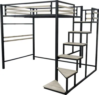 A loft bed with stairs against a white background.