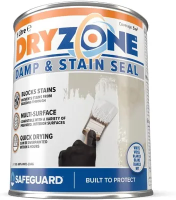 Produktbild von Dryzone Feuchtigkeits und Flecken Blocker (1 Liter) - Isolierweiß, Fleckenblocker, Isoliergrund, hochdeckende Wandfarbe für Zement, Stein, Mörtel