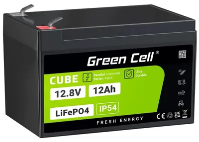 Obrázek produktu pro Green Cell LFPGC12V12AH, Lithium-železo-fosfátová (LiFePo4), 12,8 V, Černá, Zelená, 12 Ah, 153,6 Wh, 10 rok/roky