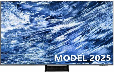 A television screen displaying a dynamic blue and white abstract image, with the text "MODEL 2025" overlaid at the bottom right.