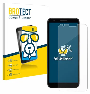 A product shot of a screen protector for a Google Pixel 3a, with packaging and the phone itself shown.