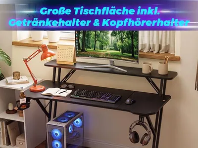 Obrázek produktu pro Herní stůl Ikodm, rozměry 120x60 cm, tvar "Z", design imitující karbon, s držákem na nápoje a sluchátka
