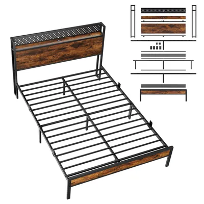 Image de Lit 140 x 200 cm, sommier avec tête de lit à rangement et éclairage LED, 3 ports USB et 1 port Type-C, 14 rangées de lattes métalliques, espace de rangement sous le lit, marron