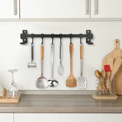 40 cm Hakenleiste Küchenregal mit 6 beweglichen Haken - Aluminium Küchenreling - Hakenleiste Küchenstange - Hängeschiene für