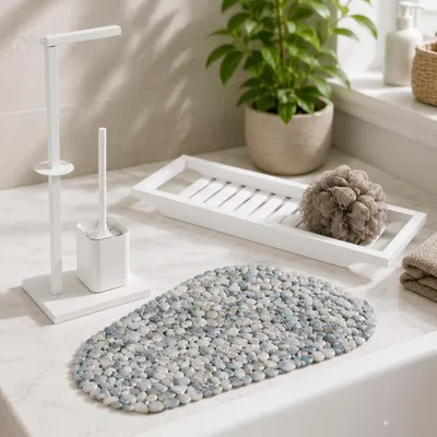 Immagine prodotto di Set per vasca da bagno freestanding (3 pezzi) – Portarotolo, tappetino antiscivolo e vassoio da bagno in bambù