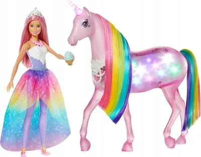 Produktbild von Barbie Dreamtopia GWM78 – Kouzlo Světel s Duhovou Hřívou, Princezna + Růžový Jednorožec, Světelné Efekty