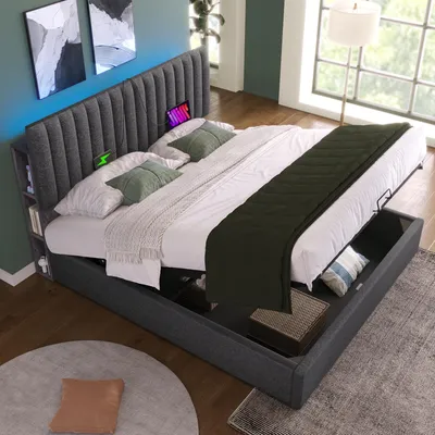 Produktbild von okwish 140x200cm Polsterbett Doppelbett LED App-Control Bett mit aufladen USB Type C Ladefunktion, Stauraum & Verstellbares Kopfteil ,Lattenrost aus Holz, Grau (Ohne Matratze)