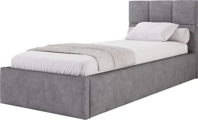 A single bed with a gray upholstered frame and headboard, shown against a white background.