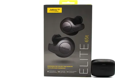 A product box for Jabra Elite 65t true wireless earbuds, with the earbuds and charging case shown.