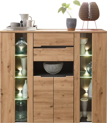 Produktbild von Highboard inkl. LED-Beleuchtung MANRESA-36 in Artisan Eiche Nb. mit Graphit, B/H/T: ca. 145/127/38 cm