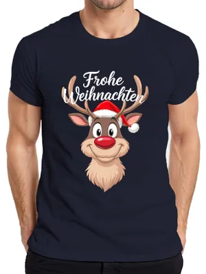 Zdjęcie produktu dla Wesołych Świąt Renifer Rudolf Czapka świąteczna Śmieszna koszulka męska z kreskówki, granatowy, 3XL
